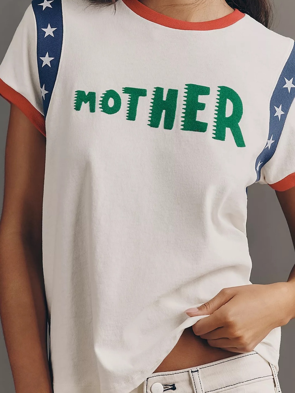 MOTHER White Tee with Green Logo and Blue Star Trim